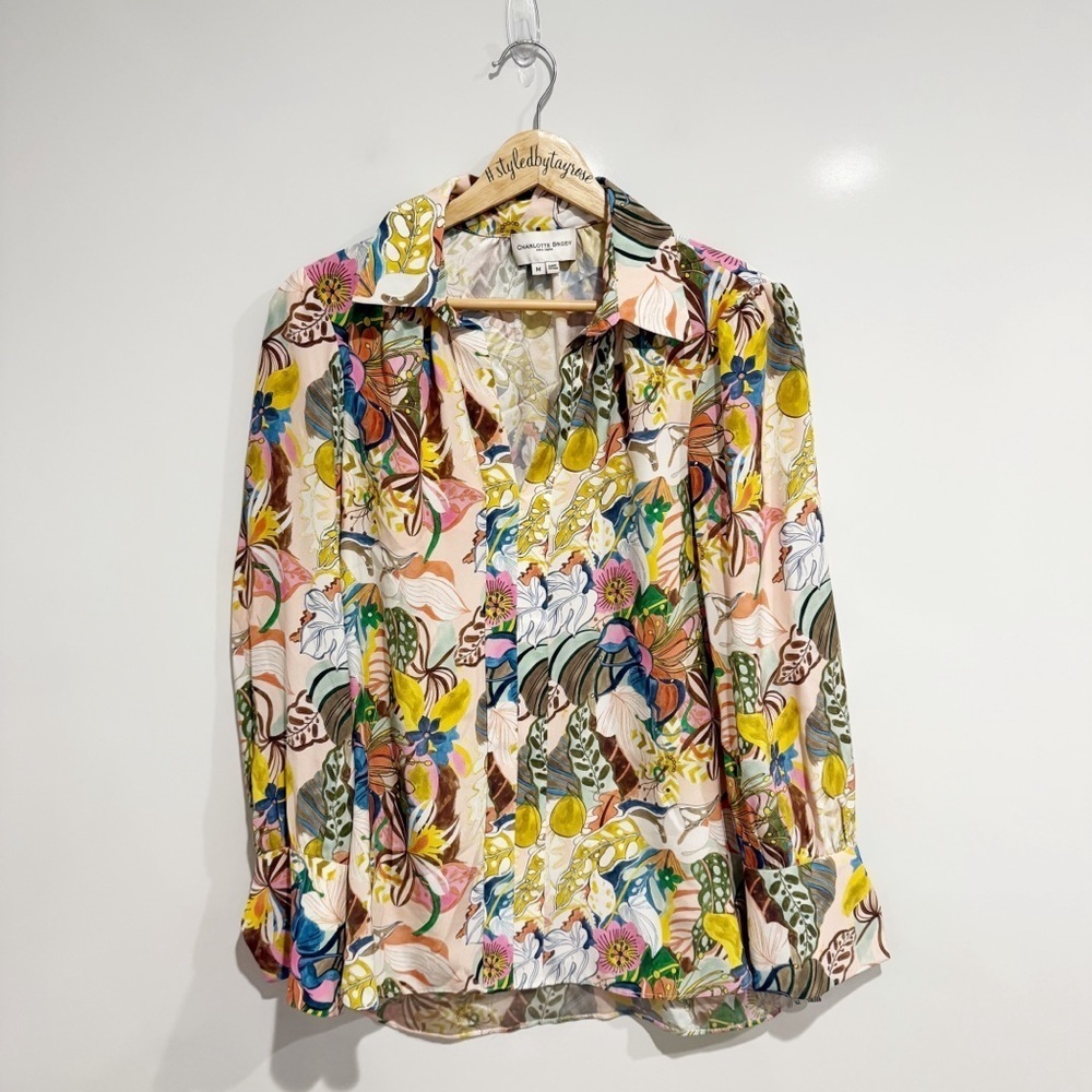 Charlotte Brody New York Floral Print Button Down Silk Blouse Top